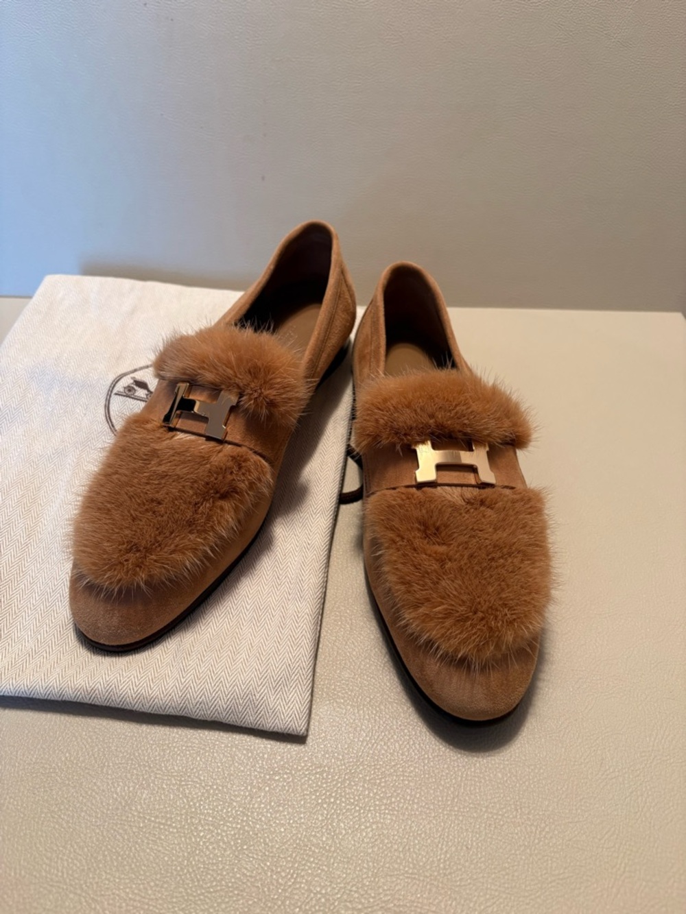 Hermes Tan Suede Fur-Trim Loafers with Gold H Buckle